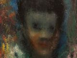 un tableau représentant le visage d'une femme sur fond bleu