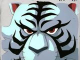 cartoon of a white tiger with black stripes and red eyes