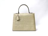 a beige crocodile skin handbag on a white background