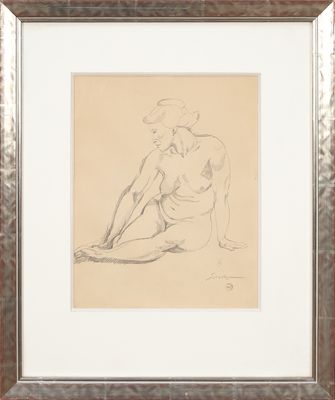 un dessin représentant une femme nue assise par terre, les jambes croisées
