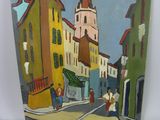 painting of a street scene with people walking down the street