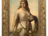 a painting of a woman in a white dress holding a wreath
