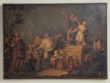 un vieux tableau représentant un groupe de personnes debout autour d'une table