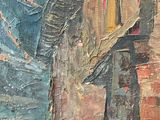 an oil painting of a building with a clock tower on top of it