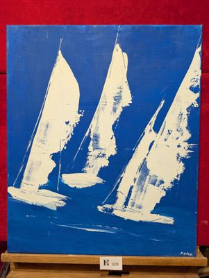 trois voiliers peints sur une toile bleue et blanche