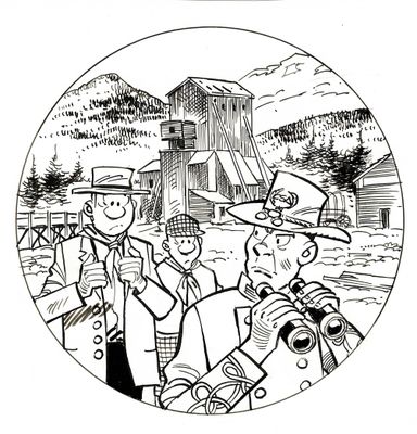 une image représentant un dessin en noir et blanc d'un groupe de personnes devant une grange