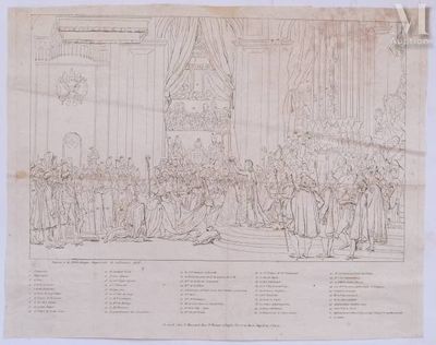 a drawing of a large group of people standing in front of a stage