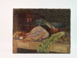 a painting of a turkey and vegetables on a table