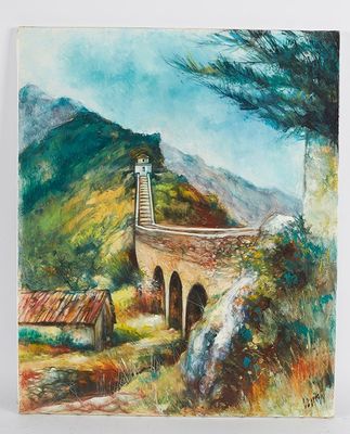 une peinture à l'huile représentant un petit pont au-dessus d'une rivière, avec une montagne en arrière-plan