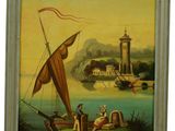 une vieille peinture représentant un voilier sur l'eau, avec un phare en arrière-plan