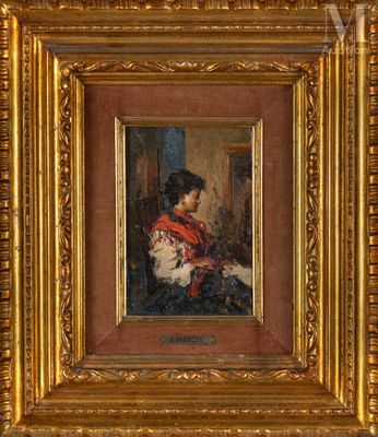 une image d'un tableau représentant une femme en robe rouge