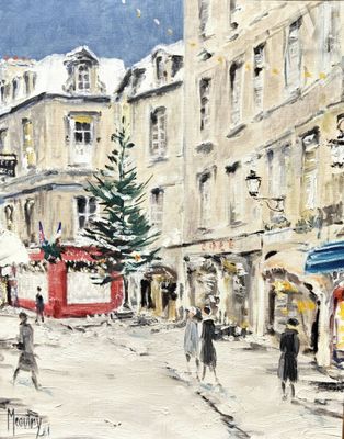 a painting of people walking down a street in a city
