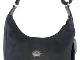 a black purse with a metal buckle on the handle