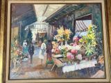 a painting of a flower market with people walking by
