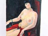 une peinture à l'huile représentant une femme assise sur une chaise, vêtue d'une jupe rouge