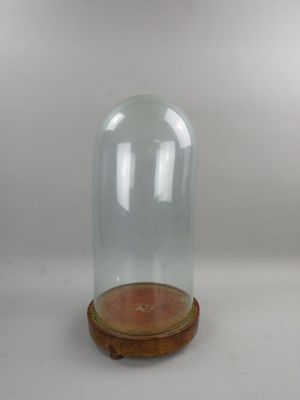 une cloche en verre reposant sur un socle en bois, sur fond blanc