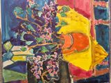 a painting of flowers in a vase on a table