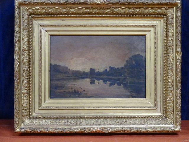 École Française fin 19ème « Paysage lacustre ». Huile sur toile. ...