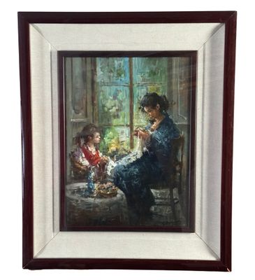une image représentant un tableau où l'on voit une femme et un enfant sur le rebord d'une fenêtre