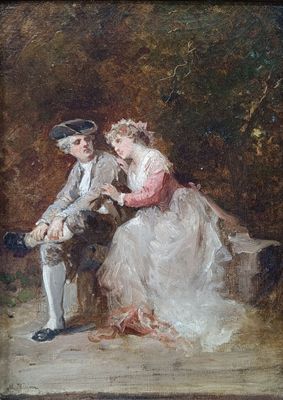 tableau représentant un homme et une femme assis sur un banc dans un parc