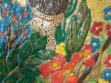 a picture of a painting of a woman in a garden