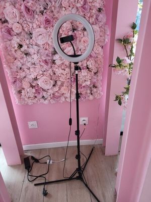 une lampe posée sur un pied devant un mur de fleurs