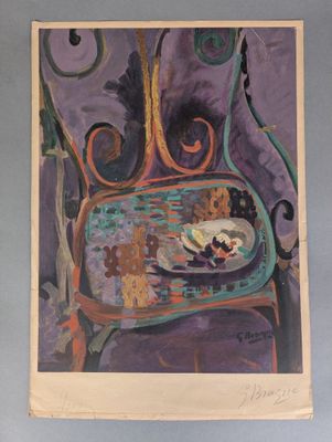 an image of a painting of a chair with a plate of food on it
