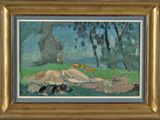 une image représentant un tableau où l'on voit une femme allongée sur une colline recouverte d'herbe