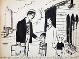 drawing of a man shaking hands with two children and a man in a suit and tie