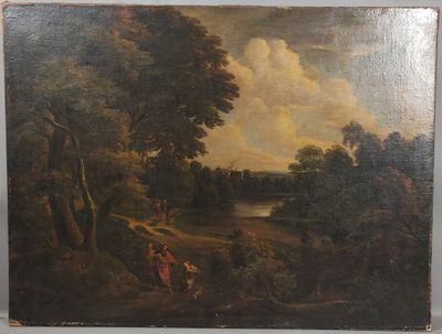 une peinture à l'huile représentant un paysage boisé avec des personnages au premier plan