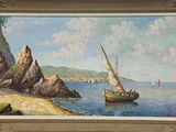 a painting of a sailboat on the water by the shore