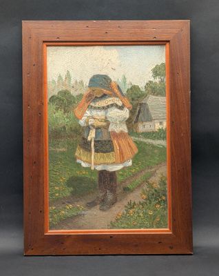 an oil painting of a woman in a field with a hat and a cane