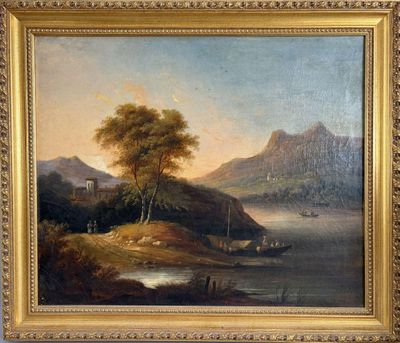 une peinture à l'huile représentant une scène de rivière avec un bateau au premier plan