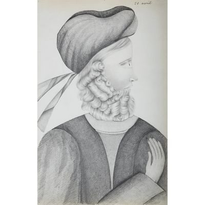 an old drawing of a woman with a hat and a scarf