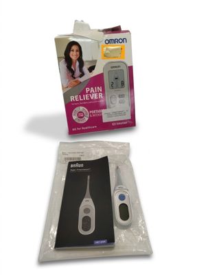 an image of a digital thermometer and a package of medical items
