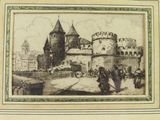 an old drawing of a castle with a lot of people walking around it