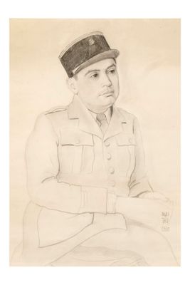 le dessin d'un homme en uniforme militaire, assis