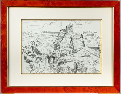 dessin représentant un paysage avec un moulin à vent au loin et un homme à cheval au premier plan