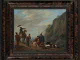 une peinture à l'huile représentant un groupe de personnes à cheval au pied d'une falaise