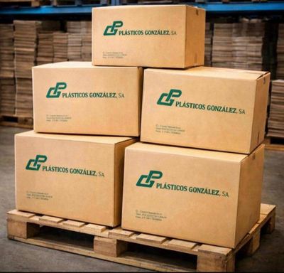 des cartons empilés sur une palette dans un entrepôt, avec d'autres palettes en arrière-plan