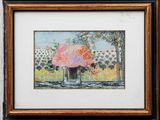 a painting of flowers in a vase on a window sill
