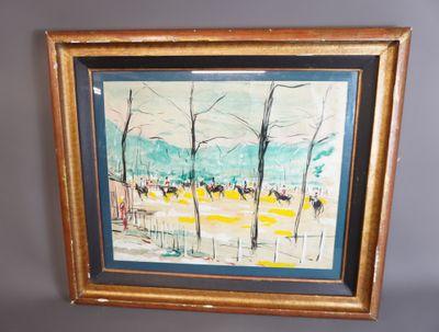 tableau représentant une course de chevaux, dans un cadre en bois
