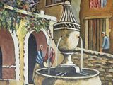 painting of a fountain in front of a building with a man sitting on a bench