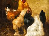une image représentant une peinture montrant des poules et des coqs dans une cour de ferme