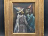 un tableau représentant une femme en robe blanche et un homme en costume bleu