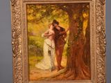 an oil painting of a woman and a man in a wooded setting