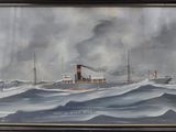 une peinture à l'huile représentant un navire dans une mer agitée, d'où s'échappe de la fumée par la cheminée