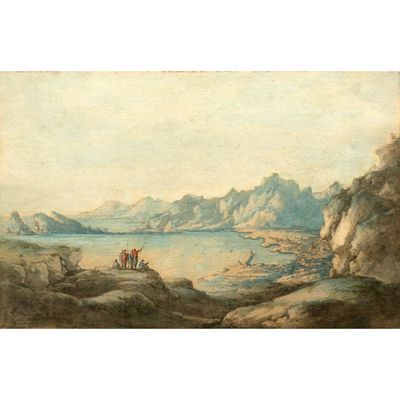 une image représentant un tableau représentant un paysage de montagne avec un bateau sur l'eau