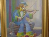 tableau représentant un clown jouant du violon dans une pièce