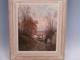 an oil painting of a landscape with a river in the foreground and a house in the distance